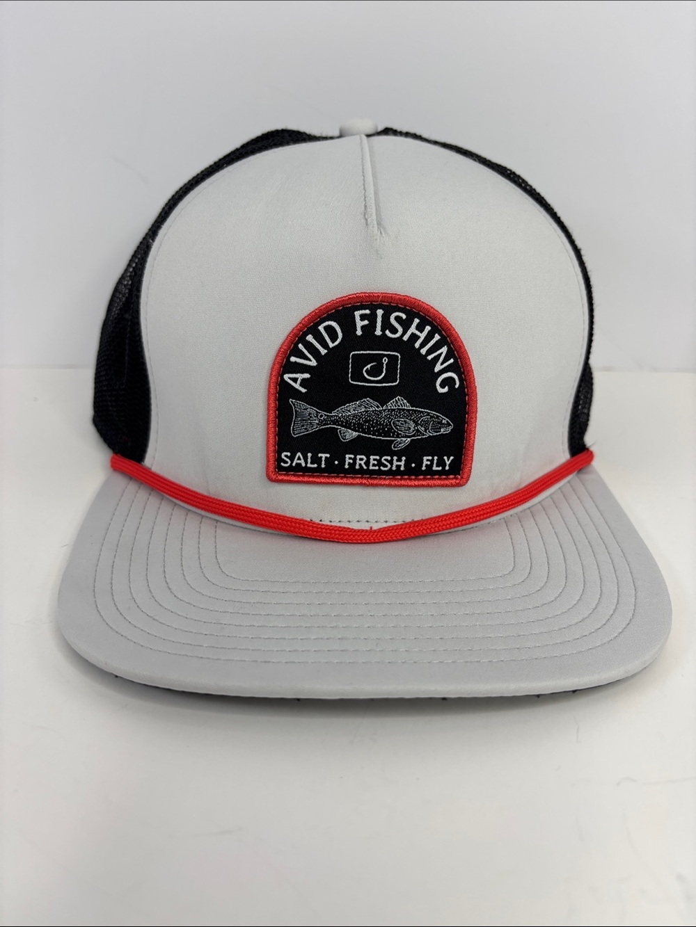 Avid Fishing Trucker Hat Cap White with Black Red Rope Trim Salt Fresh Fly Patch
